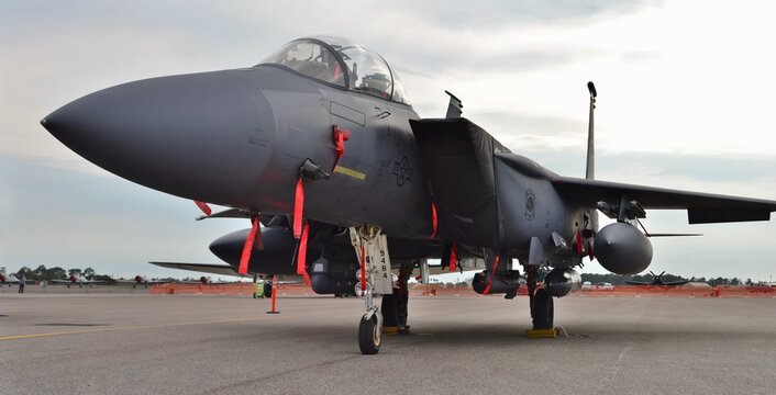 An Air Force F-15E Strike Eagle fighter jet on a runway