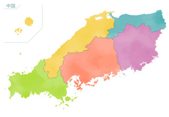 カラフルな水彩風の日本地図　中国地方