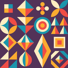 Abstract geometric vector background design with symbols. Graphic pattern seamless. Decorative mosaic ornament. Bright vibrant colors. 