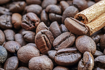 roasted coffee beans with cinnamon tube, macro coffee grain texture, close-up