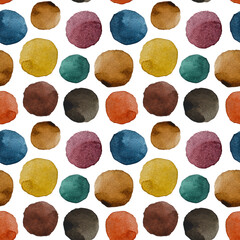 watercolor seamless pattern with multicolored circles, spots, on a white background