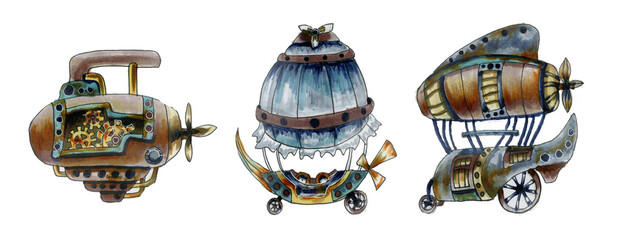 Watercolor painting is a fantastic airships. Set Illustration of a flying car in the steampunk style. Hand-drawn. Collection of air transport of the 19th century isolated on a white background. © Nadine.de.trevile