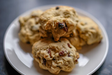 Close up of homemade fruit scones with intentional shallow depth of field and bokeh