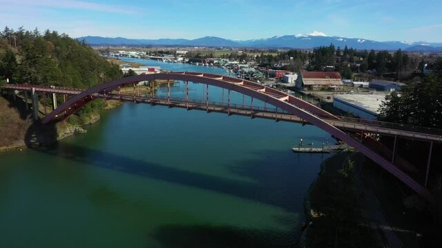 Aerial View of the city of La Conner, Washington and the Rainbow Bridge. Located in the Skagit Valley this popular tourist town is noted for the historic Rainbow Bridge and many shopping opportunities