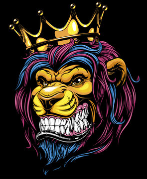 Vector illustration, a ferocious lion in a crown