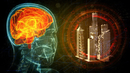 cg 3d illustration of industry, brain struck by uban life