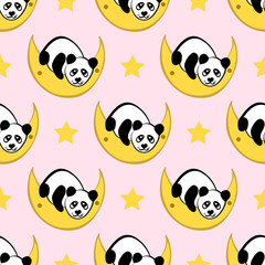 panda pattern seamless on pink background with crescent moon and stars vector