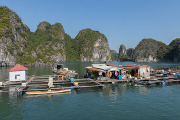 Fototapeta na wymiar Floating wooden houses in a blue and sunny day in Halong bay , Vietnam