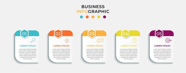 Business Infographic design template Vector with icons and 5 options or steps. Can be used for process diagram, presentations, workflow layout, banner, flow chart, info graph