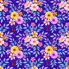 Obraz premium Floral seamless pattern with purple monochrome background for fabric, textile, and wallpaper.