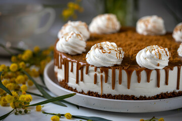 Cheese cake decorated with whipped cream, caramel and cookie crumbs, which stands on a white plate with mimosa flowers