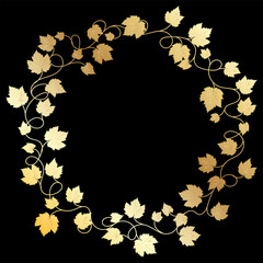 Round golden frame with grape leaves. 