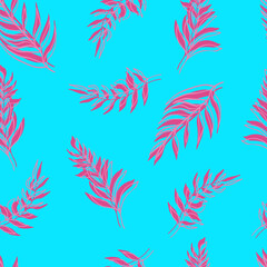 Fototapeta na wymiar seamless pattern palm leaves pink-lilac leaf and outline on background. For textiles, packaging, fabrics, wallpapers, backgrounds, invitations. Summer tropics hand illustration