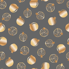 Seamless pattern with golden silhouettes of pomegranates. 