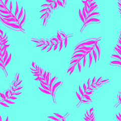 Fototapeta na wymiar seamless vector pattern palm leaves pink-lilac leaf and outline on background. For textiles, packaging, fabrics, wallpapers, backgrounds, invitations. Summer tropics hand illustration