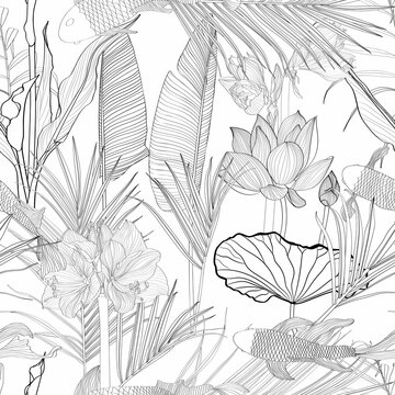 Tropical exotic floral line black white palm leaves and flowers seamless pattern, line background. Exotic jungle wallpaper.	