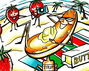 Strawberry Pancakes, Funny Food Illustration, Color