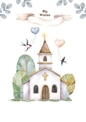 Church Hand drawn watercolor isolated illustration for easter, wedding, greeting card