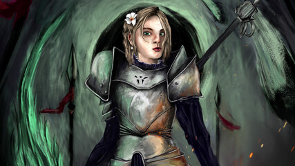 a girl in a dress and armor stands against a background of green light. she has a weapon in her hand. stars are falling on the background. underfoot is burning and sparks fly. 2D illustration