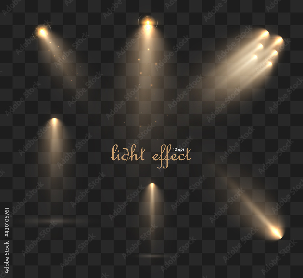 Poster Spotlights set isolated on transparent background. Vector glowing light effect with golden rays and lens flares.