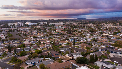 Aerial view of the city of downtown Placentia, California, USA.