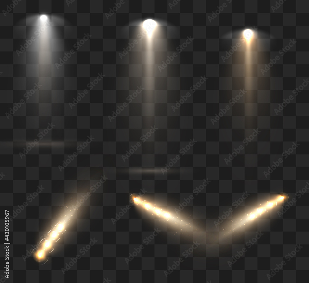 Poster Spotlights set isolated on transparent background. Vector glowing light effect with golden rays and lens flares.