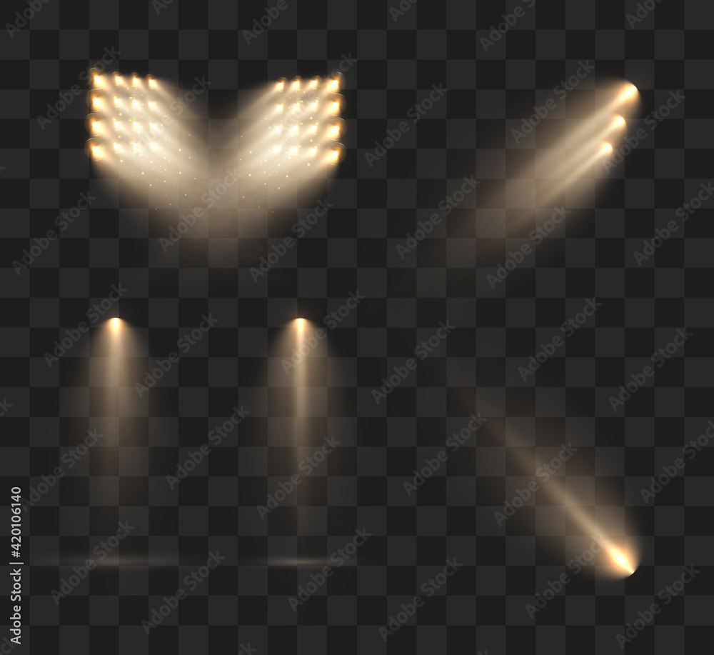 Poster Spotlights set isolated on transparent background. Vector glowing light effect with golden rays and lens flares.
