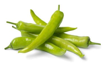 Heap of fresh green turkish carliston peppers isolated on white background