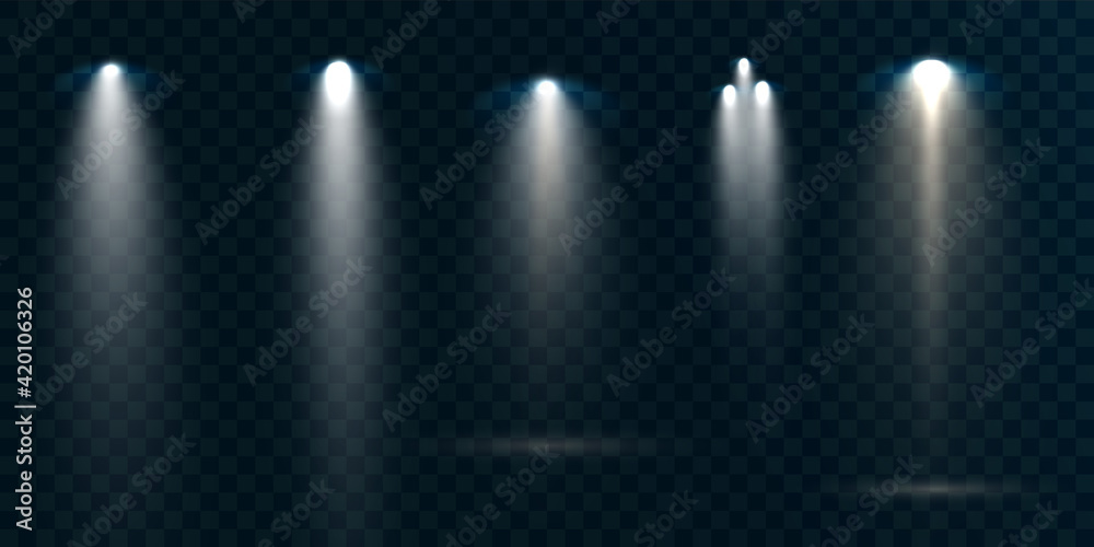 Poster Spotlights set isolated on transparent background. Vector glowing light effect with golden rays and lens flares.
