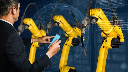 Smart industry robot arms modernization for digital factory technology . Concept of automation...