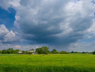small farm among green fields under a dense rainy clouds