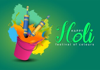 happy Holi, poster, banner, template. colorful bucket and pichkari. vector illustration design.