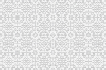 Volumetric ethnic floral composition with 3D effect of convex shape. Geometric embossed white background. Decorative ornament for presentations, business cards.