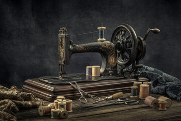 Still life with a sewing machine, scissors, threads