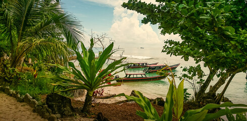 Indonesian boats through palm trees