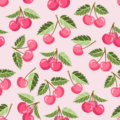 Cherry fruits with leaves seamless pattern.