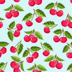 Cherry fruits with leaves seamless pattern.
