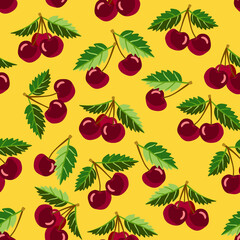 Cherry fruits with leaves seamless pattern.