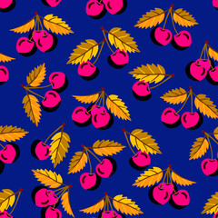 Cherry fruits with leaves seamless pattern.