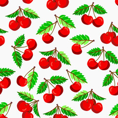 Cherry fruits with leaves seamless pattern.