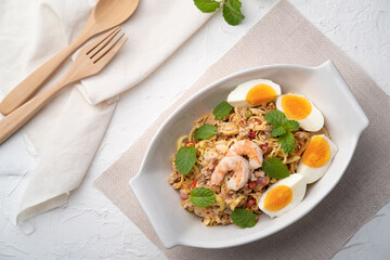 Spicy Thai Banana Blossom Salad with shrimp minced pork and boiled egg (Yum Hua Plee).Top view