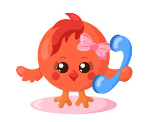 Funny cute chick holding a phone. Colored isolated animal vector illustration in flat design with shadows	