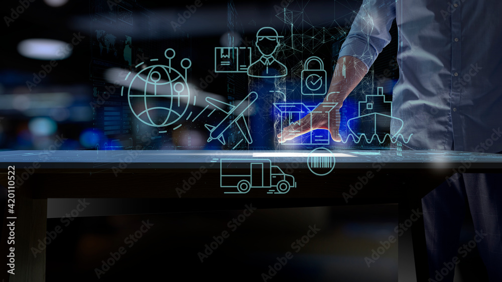 Aufkleber businessman hands using digital computer showing global logistics network distribution and transport