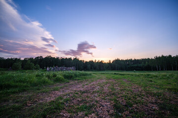 country landscape with green meadow and blue sky above