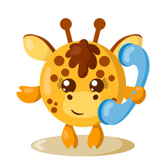 Funny cute smiling giraffe holding a phone. Colored isolated animal vector illustration in flat design with shadows	