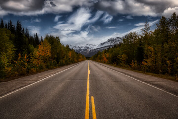 Fototapeta premium Scenic road in the Canadian Rockies during a vibrant sunny and cloudy summer morning. Artistic Render. Taken in Icefields Parkway, Banff National Park, Alberta, Canada.