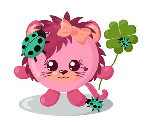 Funny cute smiling lioness with round body and ladybugs holding four-leaf good luck clover in flat design with shadows. Isolated animal vector illustration	