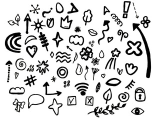 signs and symbols on a white background. Arrows, shapes, lines, stars and hearts. Hand-drawn doodles