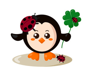Funny cute smiling penguin with round body and ladybugs holding four leaf good luck clover in flat design with shadows. Isolated animal vector illustration	
