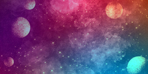 Fototapeta na wymiar cosmic abstract bright impressive deep multicolor background with planets, stars and nebulae. Purples, reds, blues vibrant shades